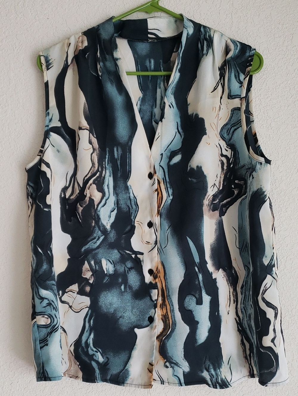 Shein Sleeveless V-Neck Marble Print Blouse - Teal & White